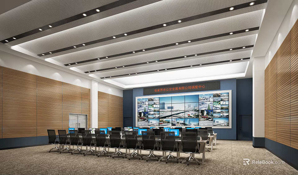Modern Monitoring Room With Large Monitor Wall Control Desks Wooden Panels And Ceiling Lights 3d model 