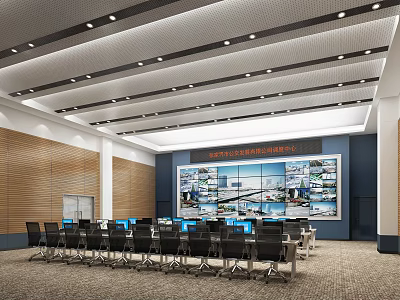Modern Monitoring Room With Large Monitor Wall Control Desks Wooden Panels And Ceiling Lights 3d model