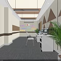Modern Public Office Space With Workstations Computers Potted Plant And Triangular Wall Decorations 3d model