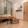 Hotel Room Interior With Bathtub Mountain View Windows And Wooden Decor Plants