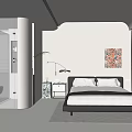 Minimalist Bedroom Interior Design With Platform Bed Area Rug Floor Lamp And Colorful Wall Art