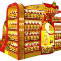 Mall Retail Store Cooking Oil Display Featuring Yellow Red Shelves And Festive Bottled Products