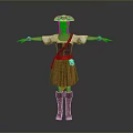 A Woman In Pirate Hat White Blouse Brown Skirt Red Belt Boots With Arms Outstretched