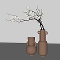 Two Brown Ceramic Vases With Flowering Twigs On White Background For Minimalist Decor