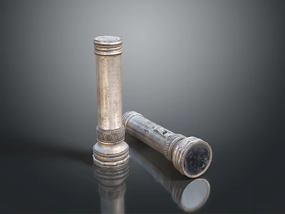 Silver Cylindrical Objects With Engraved Patterns Standing And Tilted On Dark Background With Reflections 3d model