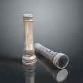 Silver Cylindrical Objects With Engraved Patterns Standing And Tilted On Dark Background With Reflections 3d model