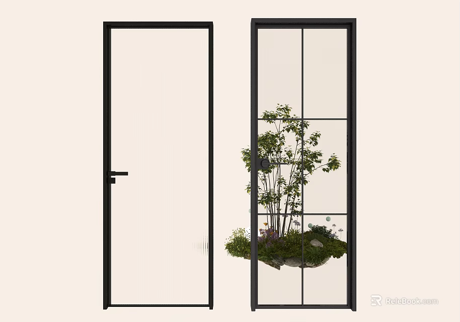 Black Frame Swing Door With Glass Grid And Plant Landscape View Design 3d model 