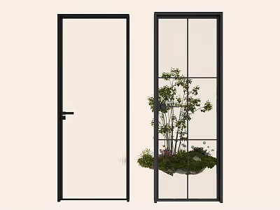Black Frame Swing Door With Glass Grid And Plant Landscape View Design 3d model