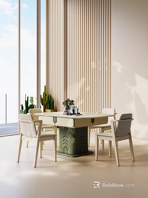 Modern Dining Room Featuring Green Base Table Chairs Vertical Striped Wall Large Windows and Plants 3d model 