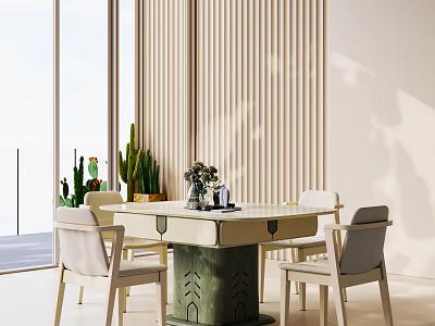 Modern Dining Room Featuring Green Base Table Chairs Vertical Striped Wall Large Windows and Plants 3d model