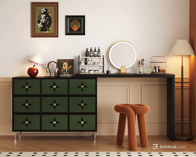 Green Drawer Black Countertop Dressing Table With Round Mirror Orange Stool And Decorative Paintings 3d model 