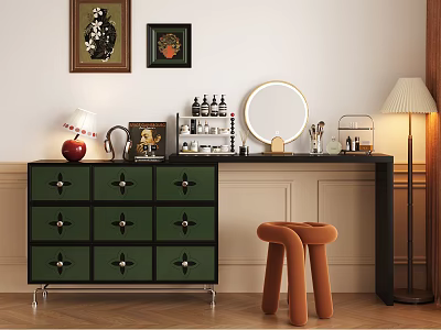 Green Drawer Black Countertop Dressing Table With Round Mirror Orange Stool And Decorative Paintings 3d model