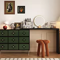 Green Drawer Black Countertop Dressing Table With Round Mirror Orange Stool And Decorative Paintings