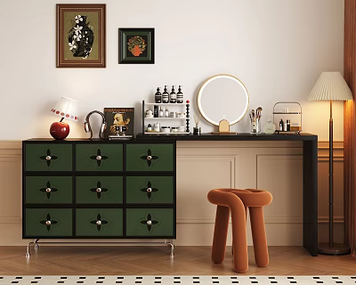 Green Drawer Black Countertop Dressing Table With Round Mirror Orange Stool And Decorative Paintings 3d model