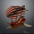 Red And White Striped Airship With Wooden Body Propellers And Wings