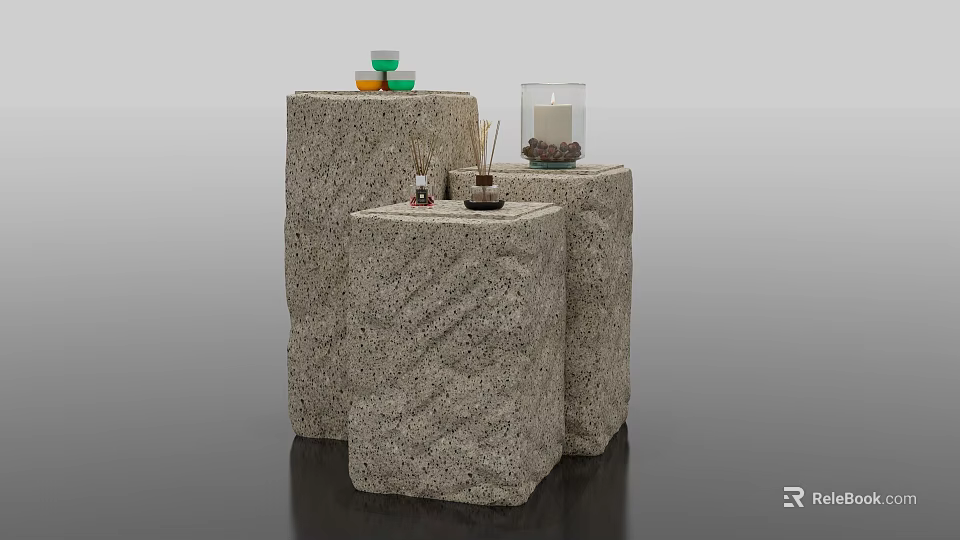 Three Textured Stone Display Shelves with Candles and Small Decor Items 3d model 
