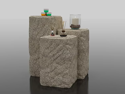 Three Textured Stone Display Shelves with Candles and Small Decor Items 3d model