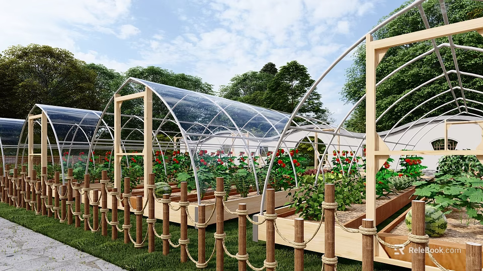 Serene Garden Landscape with Transparent Arched Greenhouses Wooden Frames Planter Boxes and Colorful Flowers 3d model 