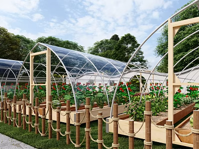 Serene Garden Landscape with Transparent Arched Greenhouses Wooden Frames Planter Boxes and Colorful Flowers 3d model