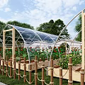Serene Garden Landscape with Transparent Arched Greenhouses Wooden Frames Planter Boxes and Colorful Flowers