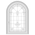 Elegant White Casement Window With Arched Top Intricate Patterns And Grid Glass