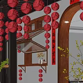 Traditional Chinese Courtyard With Red Lanterns Wooden Archway Calligraphy Scroll And Yellow Flowers