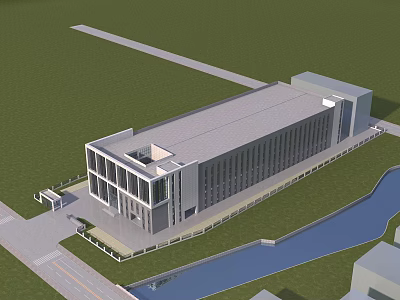 Modern Office Building Exterior With Large Glass Windows Green Lawn And Waterway 3d model
