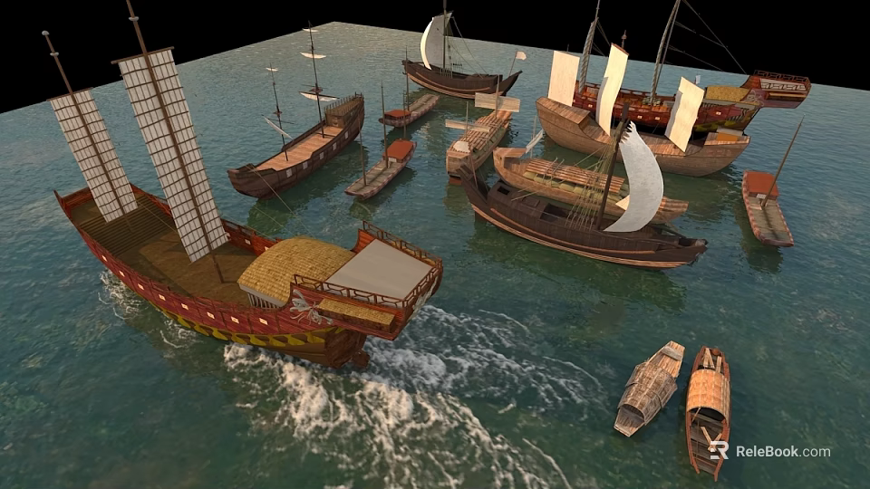 Traditional Wooden Boats With White Sails And Various Sizes Floating On Wavy Water 3d model 