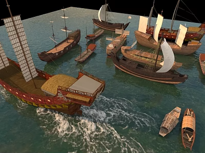 Traditional Wooden Boats With White Sails And Various Sizes Floating On Wavy Water 3d model