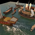 Traditional Wooden Boats With White Sails And Various Sizes Floating On Wavy Water