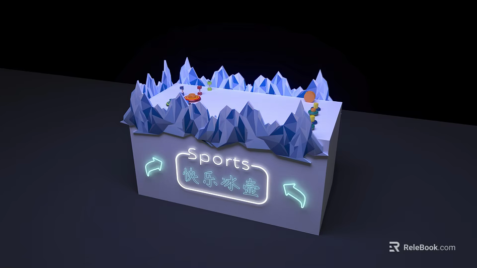 Sports Equipment In Happy Ice Skating Rink With Mountain Shaped Decorations And Illuminated Sign 3d model 