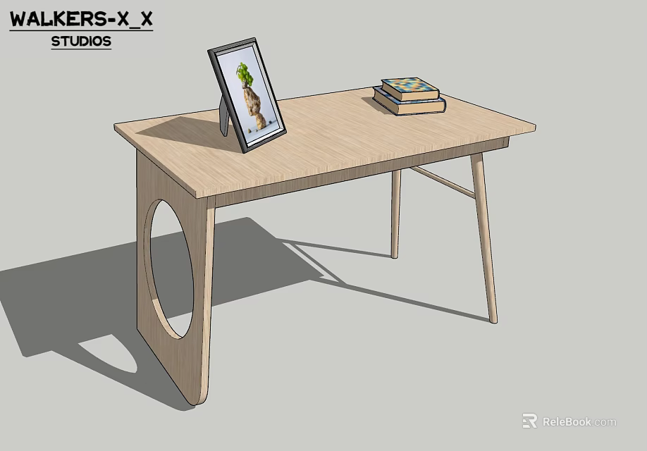 Minimalist Wooden Desk With Photo Frame Stack Of Books And Circular Cutout 3d model 