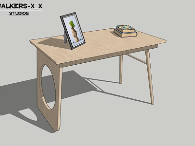 Minimalist Wooden Desk With Photo Frame Stack Of Books And Circular Cutout 3d model