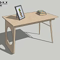Minimalist Wooden Desk With Photo Frame Stack Of Books And Circular Cutout