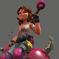 Red Haired Girl Sitting On Pink Robot Creature With Mechanical Details And Green Grass