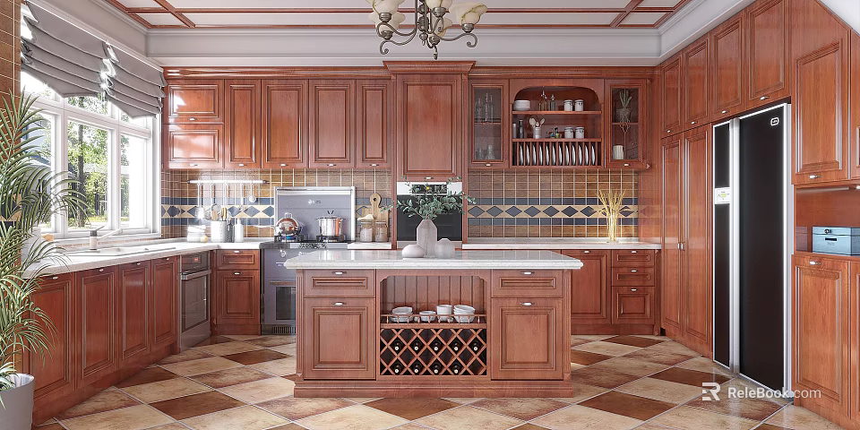 Classic Wooden Kitchen Interior With Island Counter Wine Rack And Chandelier 3d model 
