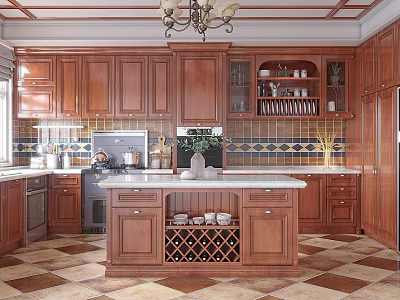 Classic Wooden Kitchen Interior With Island Counter Wine Rack And Chandelier 3d model
