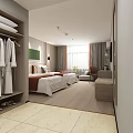 Modern Hotel Guest Room Featuring Twin Beds Green Painting Wooden Walls Sofa And Table Lamps