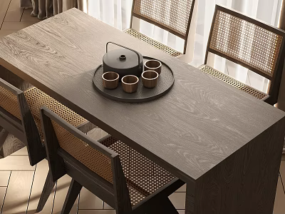 Wooden Dining Table Set with Woven Chairs Tray Teapot and Small Cups 3d model