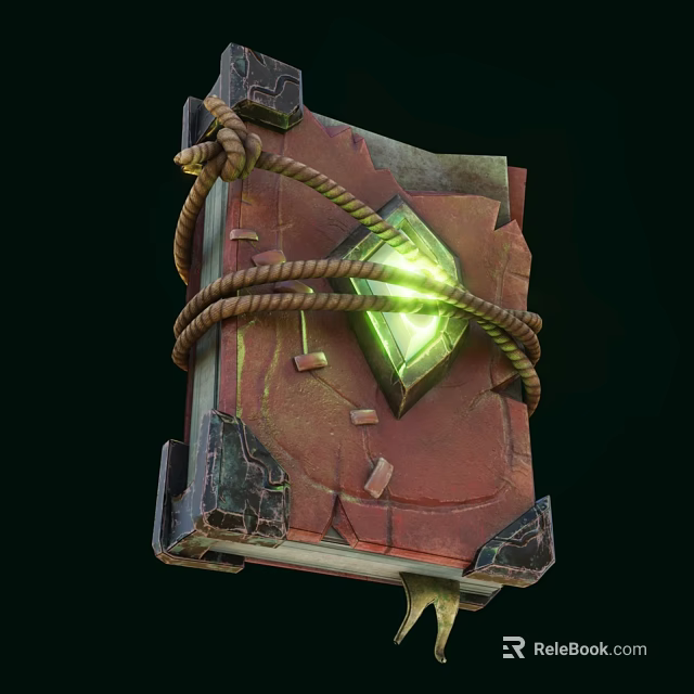 Ancient Magical Book Weapon With Red Cover Bound With Rope Green Glowing Gem Worn Texture 3d model 