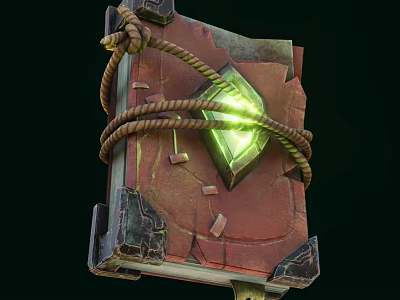 Ancient Magical Book Weapon With Red Cover Bound With Rope Green Glowing Gem Worn Texture 3d model
