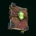Ancient Magical Book Weapon With Red Cover Bound With Rope Green Glowing Gem Worn Texture