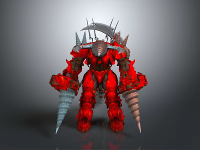 Red Armored Warrior Creature With Spiked Armor Sickle Like Weapons And Conical Arms 3d model