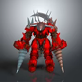 Red Armored Warrior Creature With Spiked Armor Sickle Like Weapons And Conical Arms