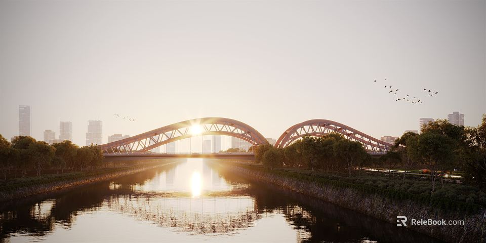 Scenic Arch Bridge at Sunrise with Reflection on Water and Birds in Sky 3d model 