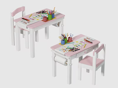 Cute Kids Desk with Pink Chair White Frame Colorful Stationery and Roll Paper for Drawing 3d model