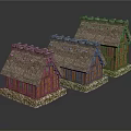 Three Traditional Wooden Houses with Thatched Roofs and Wooden Structure Surrounded by Green Grass Borders