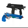 Two Different Types Of Weapons Featuring Blue Toy Gun And Black Tactical Firearm