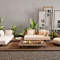 Chinese Style Living Room With Sofa Coffee Table Green Plants And Calligraphy Scrolls
