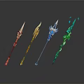 Various Ornate Mythical Weapons With Golden Elements Gemstones And Blue Glow